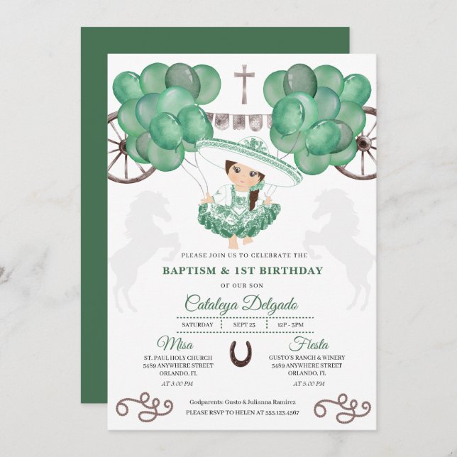 Green Silver Balloons Mexican Baby Charra Baptism Invitation (Front/Back)
