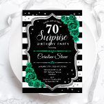 Green Silver Black Surprise 70th Birthday Invitation<br><div class="desc">Surprise 70th Birthday Party Invitation. Feminine black,  white and emerald green design with faux glitter silver. Features black and white stripes,  roses,  script font and confetti. Perfect for an elegant women's bday celebration. Can be personalized to show any age. Printed Zazzle invitations or instant download digital printable template.</div>