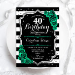 Green Silver Black & White Stripes 40th Birthday Invitation<br><div class="desc">40th Birthday Party Invitation. Elegant floral emerald green design with faux glitter silver and roses. Features black and white stripes and script font. Perfect for a stylish womens bday celebration. Can be customised for any age! Printed Zazzle invitations or instant download digital printable template.</div>