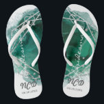Green Silver Bridesmaid Favour Monogram Flip Flop<br><div class="desc">You will love this emerald green watercolor background with green and silver geometric frame with silver glitter textures. Great for your wedding venues!</div>