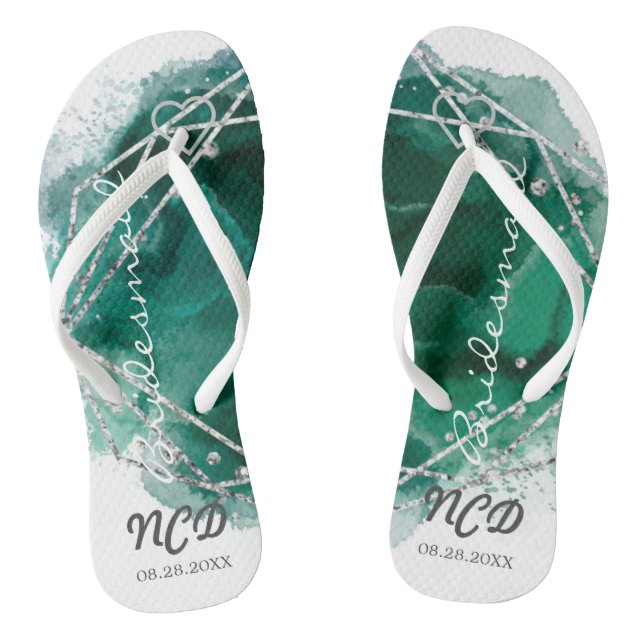 Green Silver Bridesmaid Favour Monogram Flip Flop (Footbed)