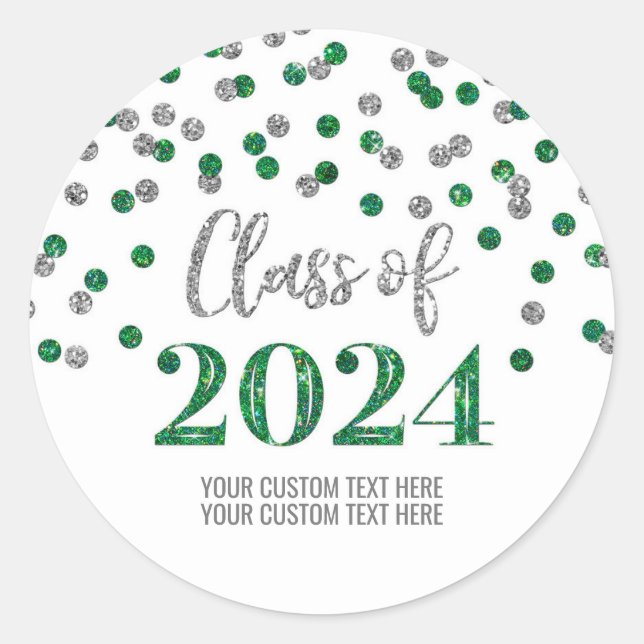 Green Silver Confetti Graduation 2024 Classic Round Sticker (Front)
