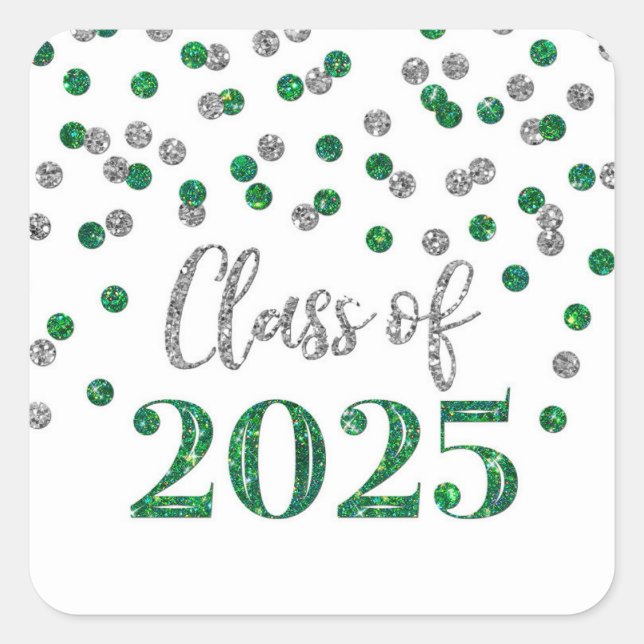 Green Silver Confetti Graduation 2025 Square Sticker (Front)