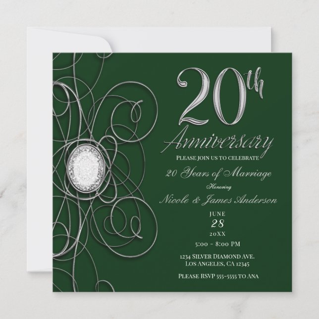 Green & Silver Diamond 20 20th Anniversary Party Invitation (Front)