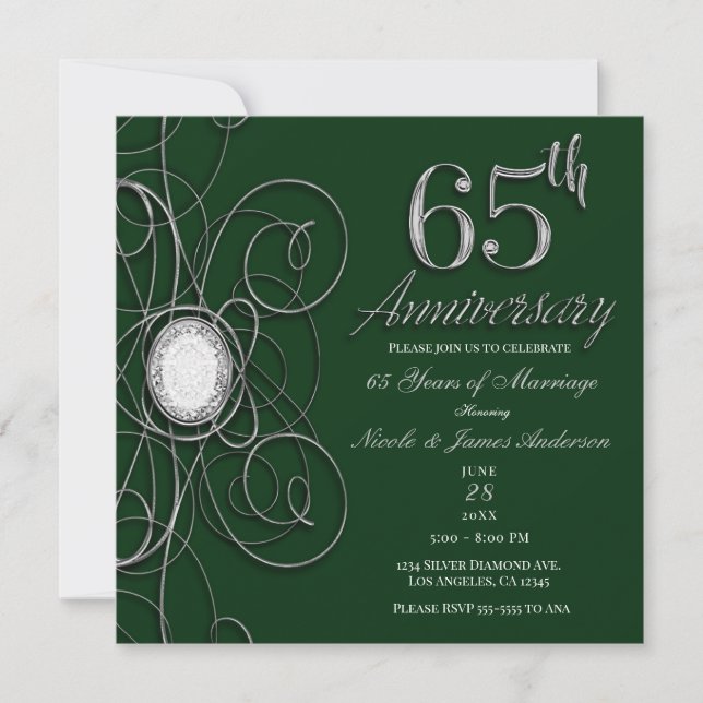 Green & Silver Diamond 65 65th Anniversary Party Invitation (Front)