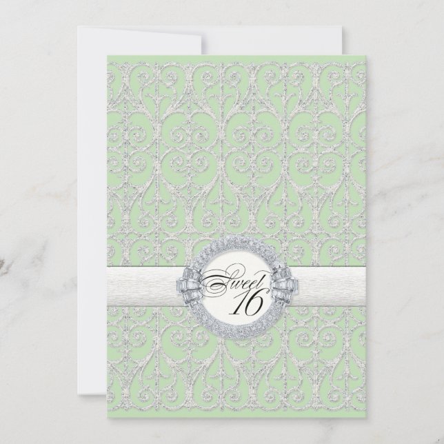 Green & Silver Diamonds & Lace, Sweet Sixteen 16 Invitation (Front)