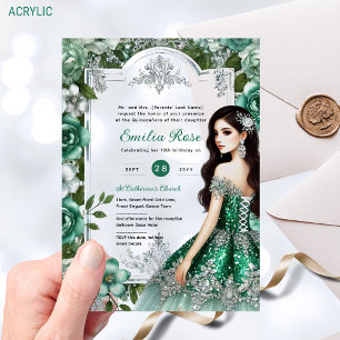Green Silver Dress Quinceañera Elegant Mis Quince Acrylic Invitations