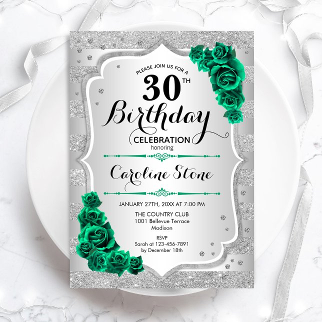 Green Silver Elegant Floral 30th Birthday Invitation (Creator Uploaded)