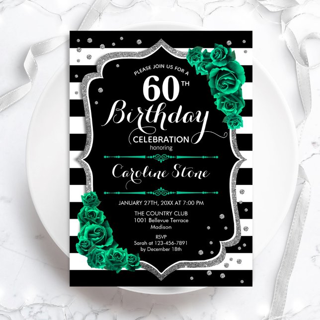 Green Silver Elegant Floral 60th Birthday Invitation (Creator Uploaded)
