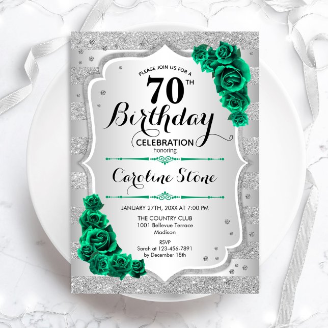 Green Silver Elegant Floral 70th Birthday Invitation (Creator Uploaded)