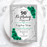 Green Silver Elegant Floral 90th Birthday Invitation<br><div class="desc">90th Birthday Party Invitation. Elegant floral emerald green design with roses. Features faux glitter silver stripes and script font. Perfect for a stylish womens bday celebration. Can be customized for any age! Printed Zazzle invitations or instant download digital printable template.</div>
