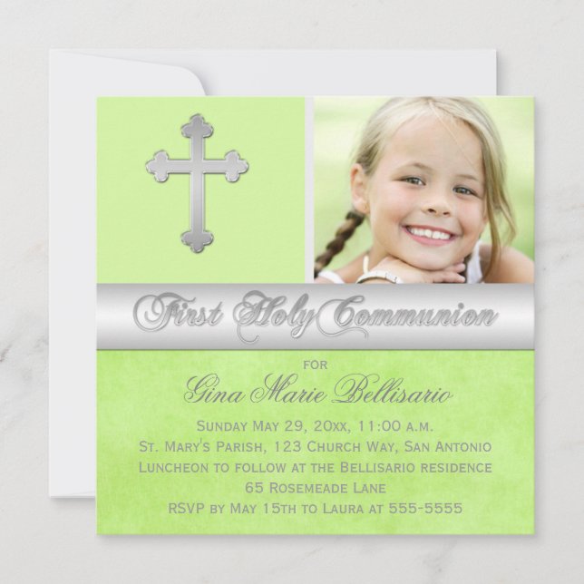 Green Silver First Holy Communion Photo Invitation (Front)