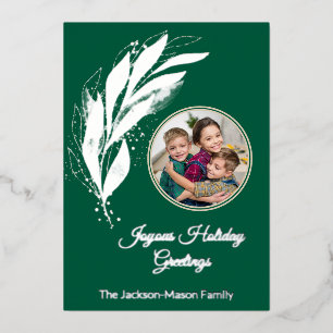Green Silver Foil Watercolor Leaf Photo Christmas