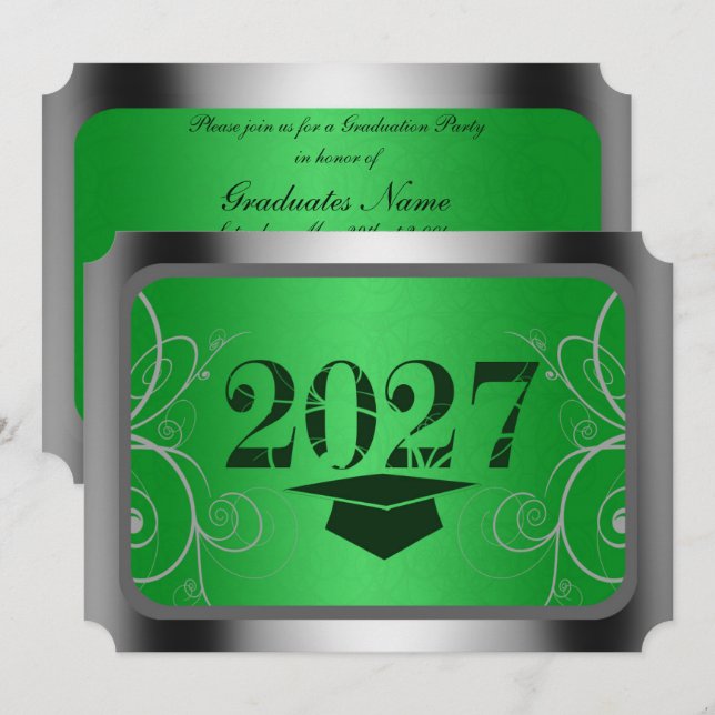 Green & Silver Frame Graduation Party Invitations (Front/Back)