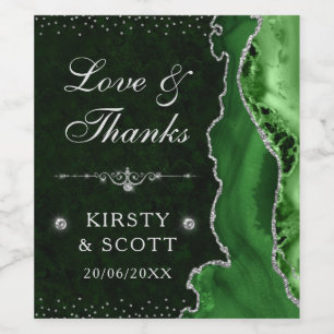 Green  & Silver Glitter Agate and marble Wedding Wine Label