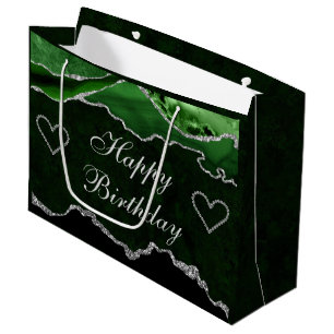 Green & Silver Glitter Agate Happy Birthday Large Gift Bag