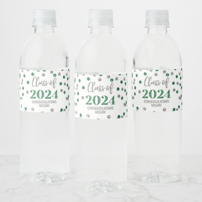 Green Silver Glitter Confetti Graduation Water Bottle Label (Bottles)