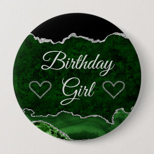 Green & Silver Glitter Marble Agate Birthday Girl 10 Cm Round Badge
