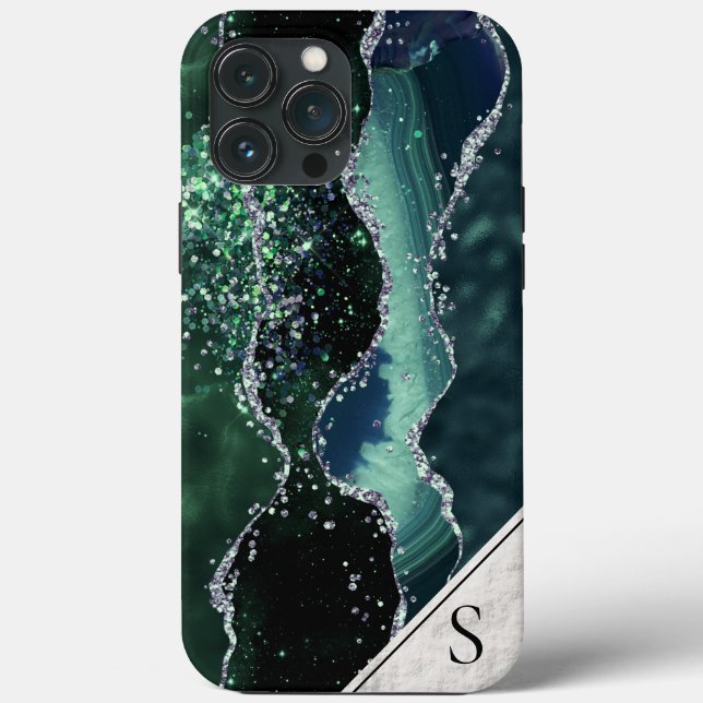 Green Silver Glitter Marble Geode Agate Monogram Case-Mate iPhone Case (Back)