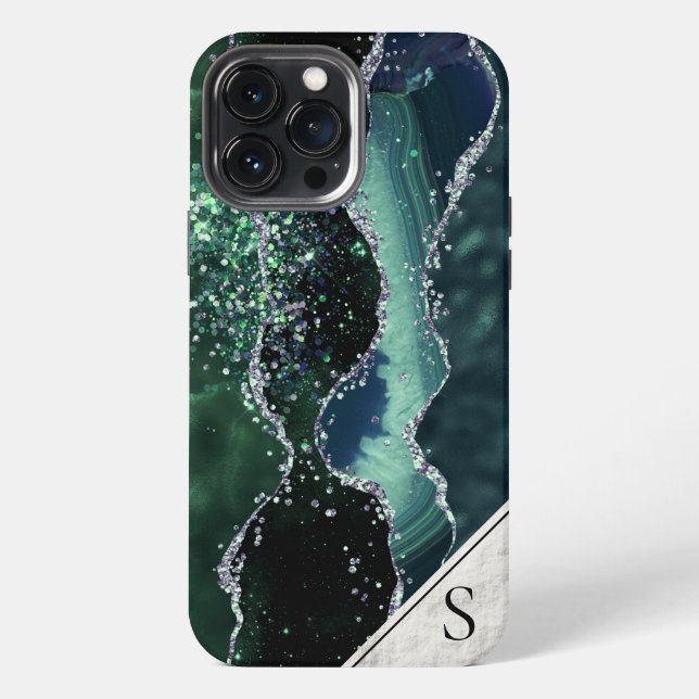 Green Silver Glitter Marble Geode Agate Monogram iPhone Case (Back)