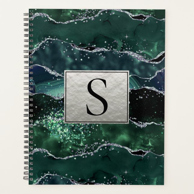 Green Silver Glitter Marble Geode Agate Monogram  Planner (Front)