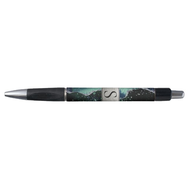 Green Silver Glitter Marble Geode Monogram (Front)