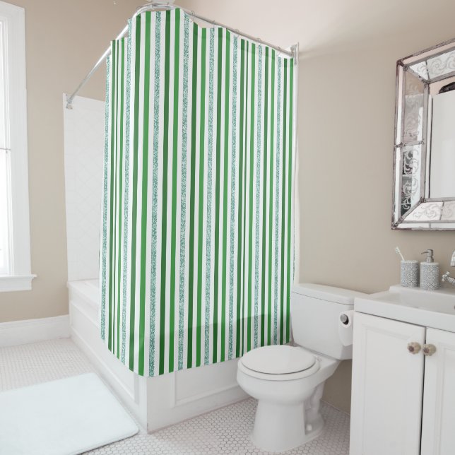 Green Silver Glitter Stripes Custom Shower Curtain (In Situ)