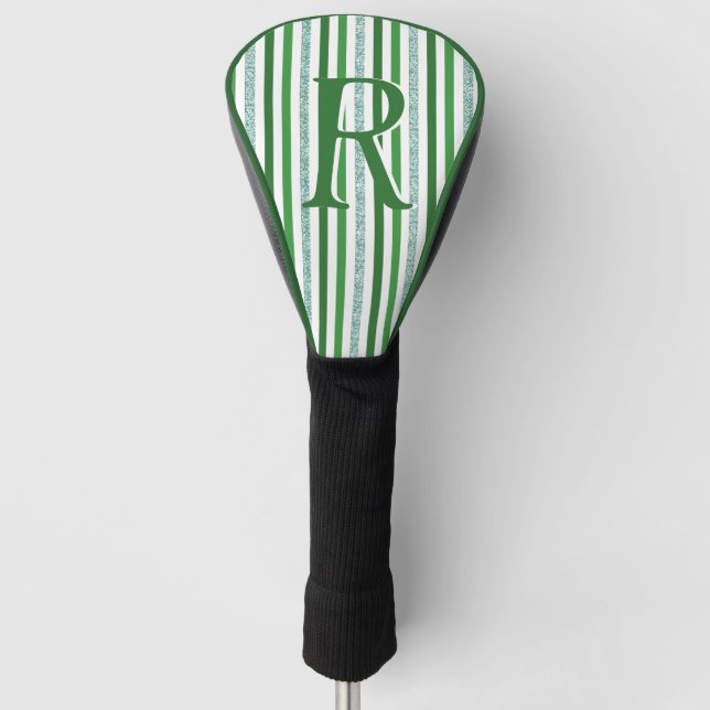 Green Silver Glitter Stripes Monogrammed Custom Golf Head Cover (Front)