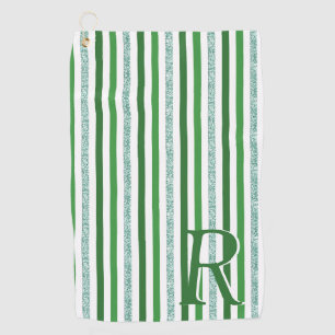 Green Silver Glitter Stripes Monogrammed Custom Golf Towel