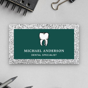 Green Silver Glitter Tooth Dental Clinic Dentist Business Card
