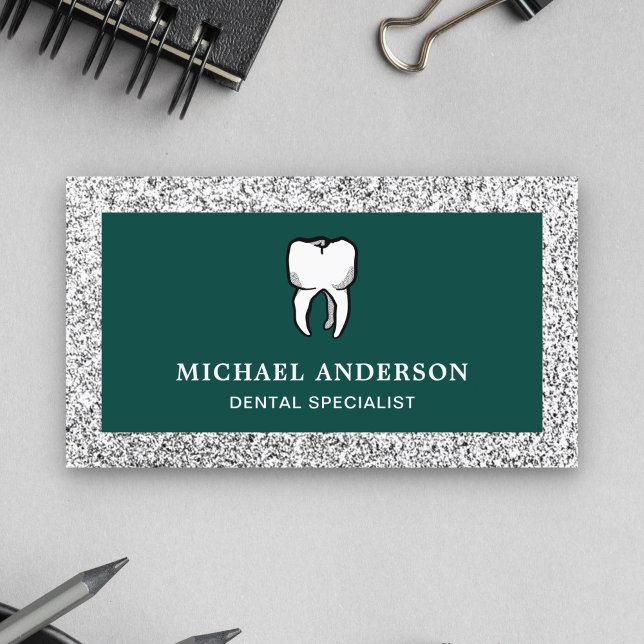Green Silver Glitter Tooth Dental Clinic Dentist Business Card (Creator Uploaded)