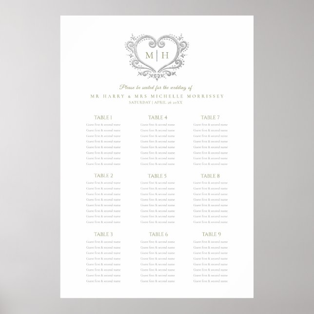 Green silver heart wreath wedding seating chart (Front)