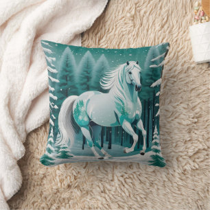 Green Silver Horse in Enchanted Forest  Cushion
