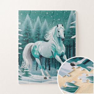 Green Silver Horse in Enchanted Forest  Jigsaw Puzzle