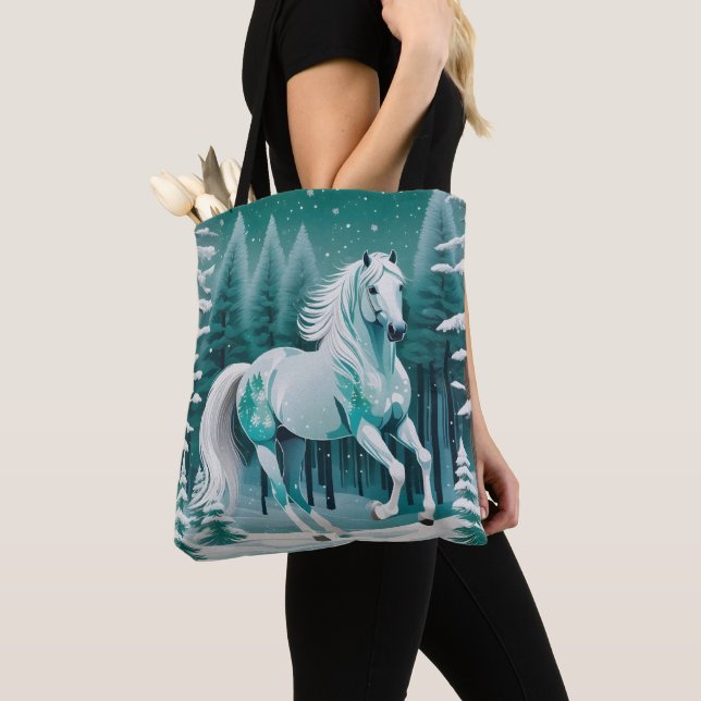 Green Silver Horse in Enchanted Forest  Tote Bag (Close Up)