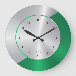 Green & Silver Modern Metallic Geometric design Large Clock