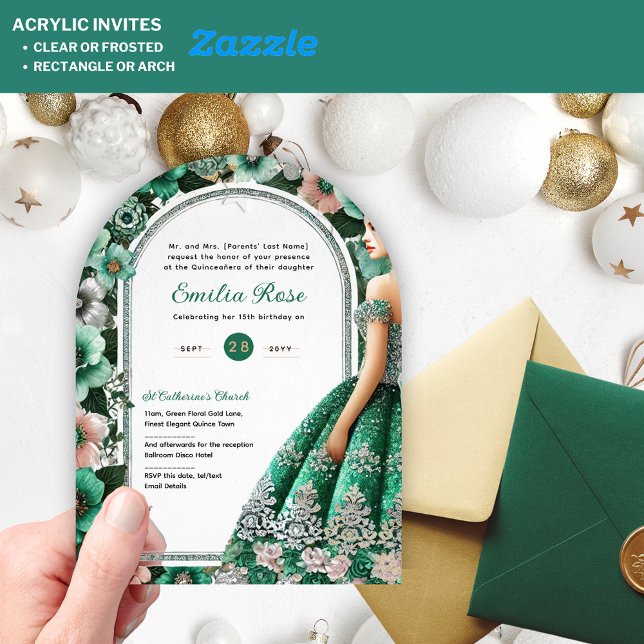 Green Silver Quinceañera Emerald Dress Mis Quince Acrylic Invitations (Creator Uploaded)