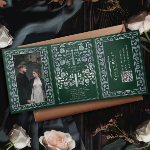 Green Silver Royal Mediaeval Sword Wedding QR Code Tri-Fold Invitation