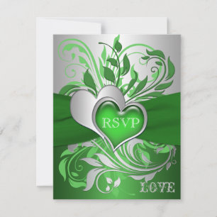 Green, Silver Scrolls, Hearts RSVP Card