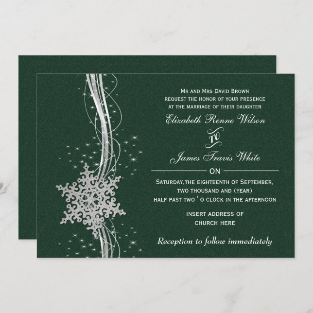 green Silver Snowflakes Winter wedding invitations (Front/Back)