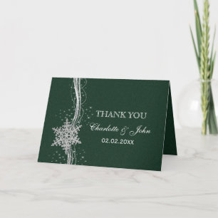 green Silver Snowflakes Winter wedding Thank You Card