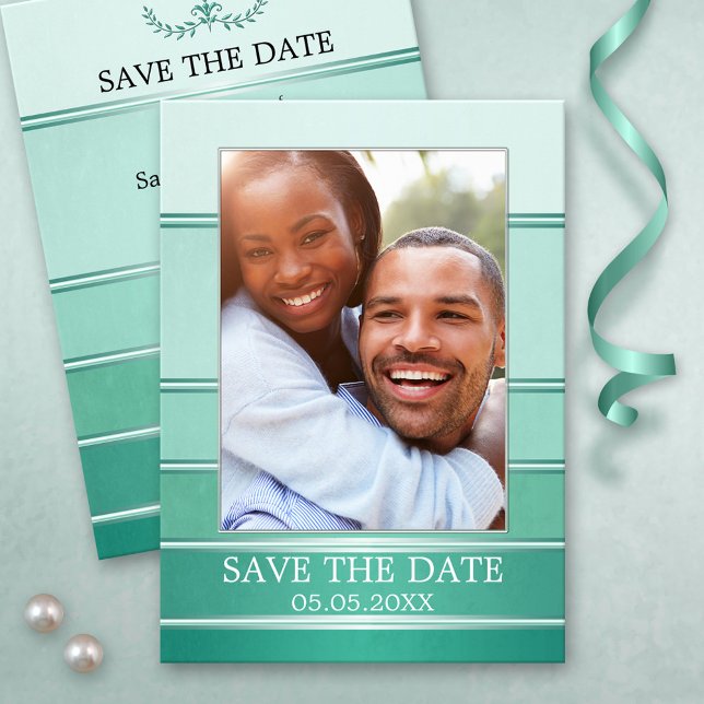 Green Silver Striped Photo Save the Date Card (Elegant green silver striped Save the Date card featuring your own engagement photo)