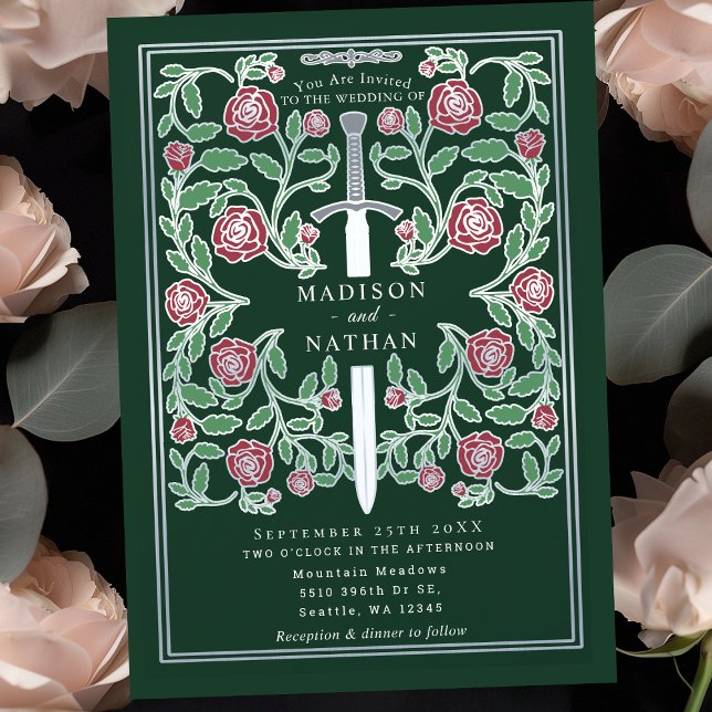 Green Silver Sword Floral Mediaeval Fantasy Weddin Invitation (Creator Uploaded)