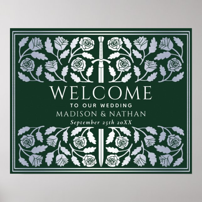 Green Silver Sword Royal Wedding Welcome Sign (Front)