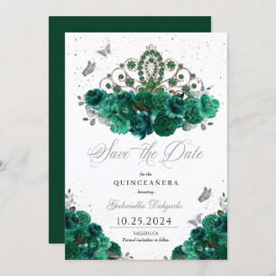 Green & Silver Tiara Save The Date Quinceañera Invitation