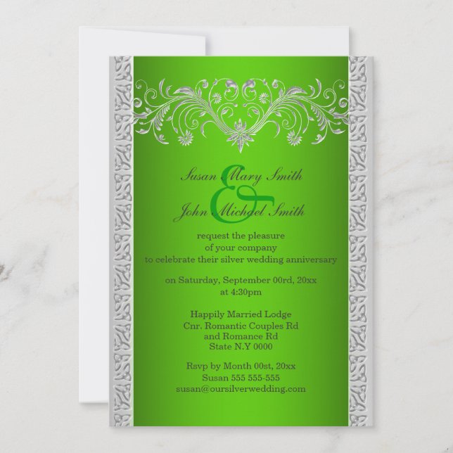 Green silver wedding anniversary floral invitation (Front)