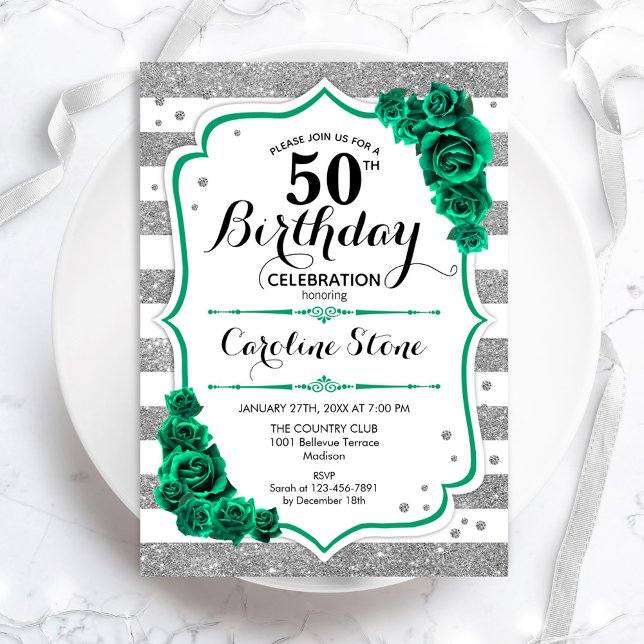 Green Silver White Stripes Floral 50th Birthday Invitation (Creator Uploaded)