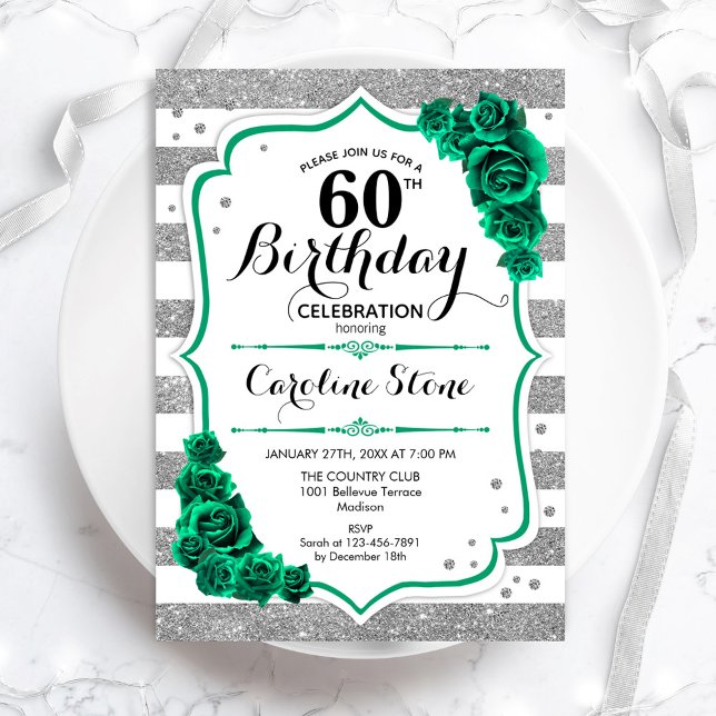 Green Silver White Stripes Roses 60th Birthday Invitation (Creator Uploaded)