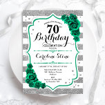 Green Silver White Stripes Roses 70th Birthday Invitation<br><div class="desc">70th Birthday Party Invitation. Elegant floral emerald green design with roses. Features faux glitter silver and white stripes and script font. Perfect for a stylish womens bday celebration. Can be customised for any age! Printed Zazzle invitations or instant download digital printable template.</div>