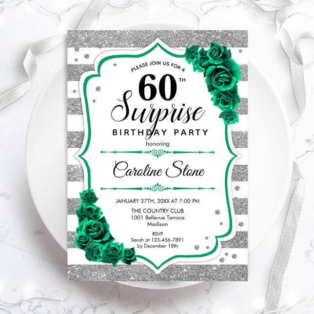 Green Silver White Surprise 60th Birthday Invitation (Creator Uploaded)